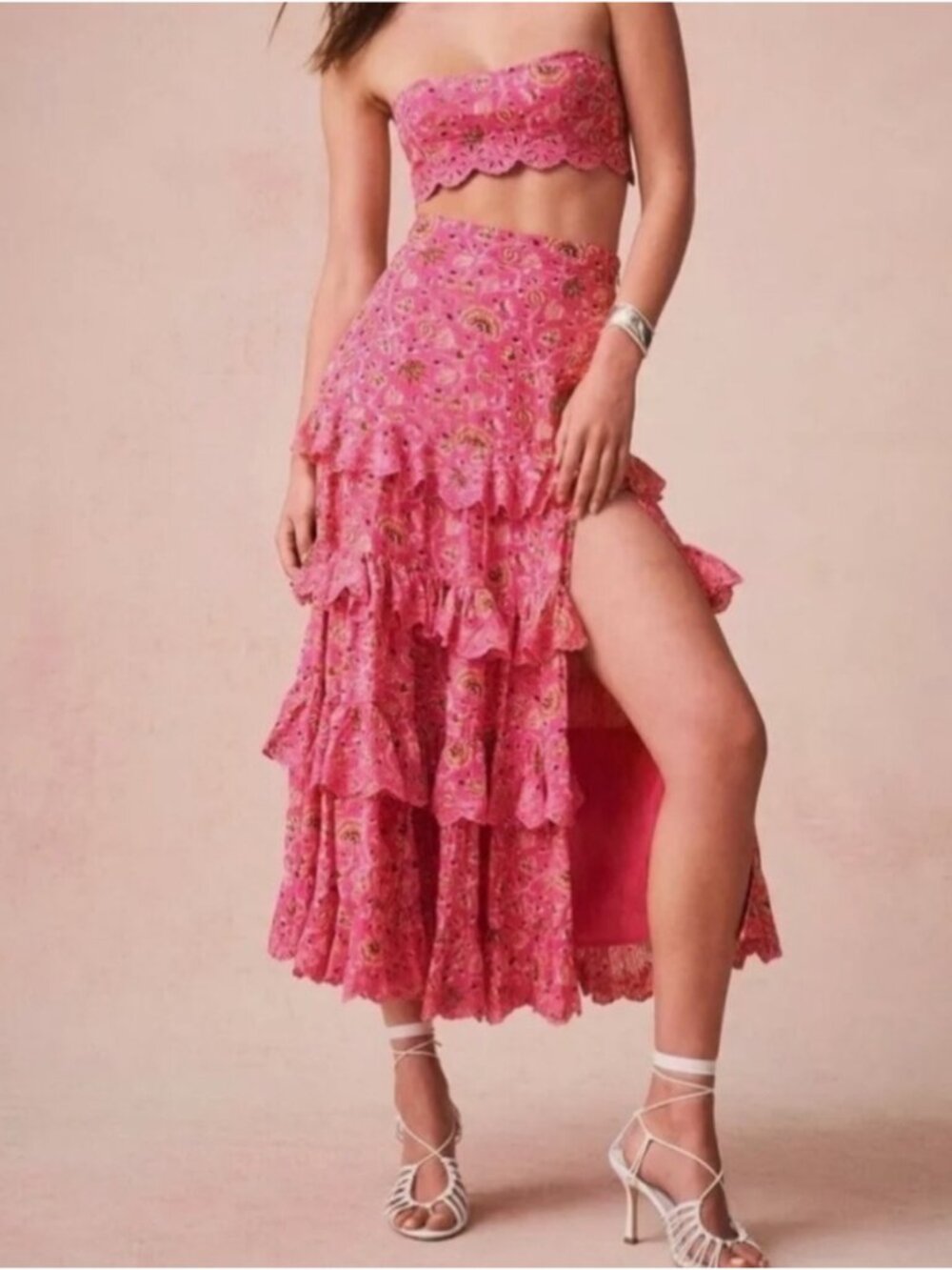 Caroline Constas Bohemian Ruffled High-Slit Maxi Skirt in Pink Floral